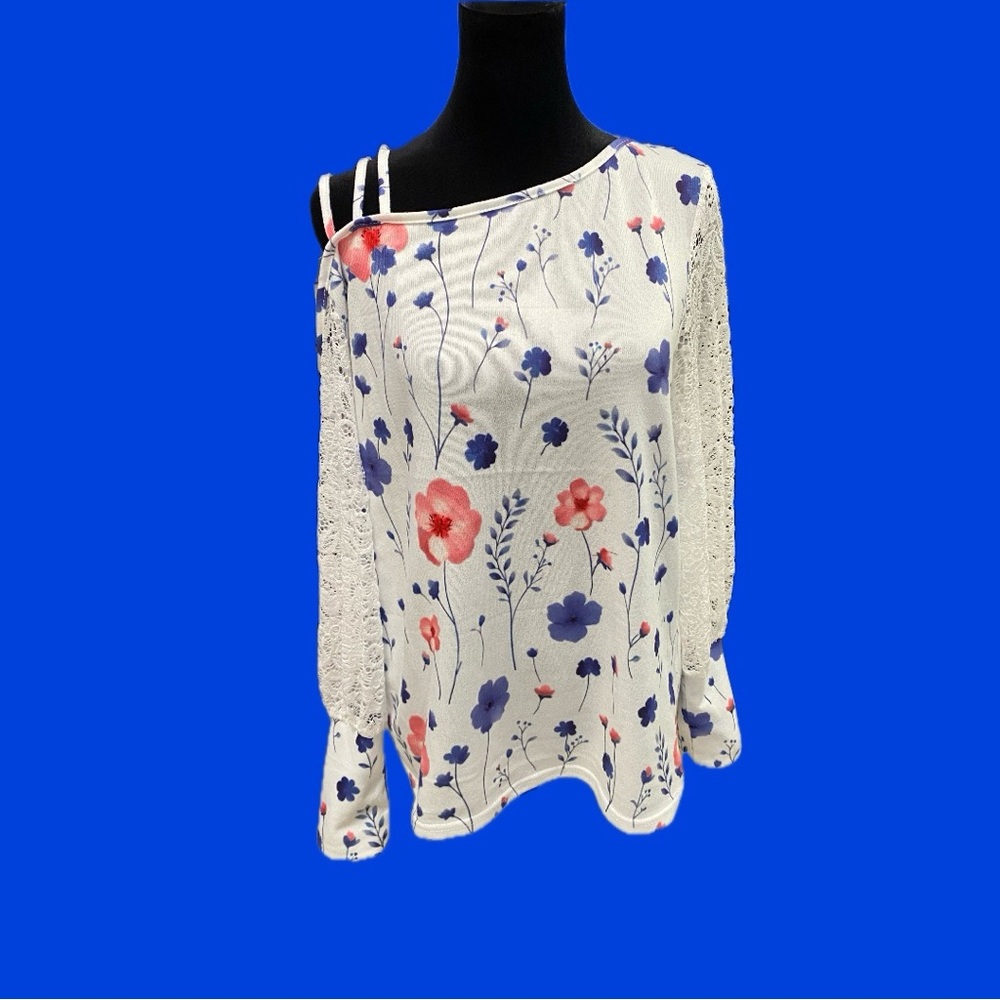 SHEIN Red, White and Blue Asymmetrical Lace Long Sleeve Blouse